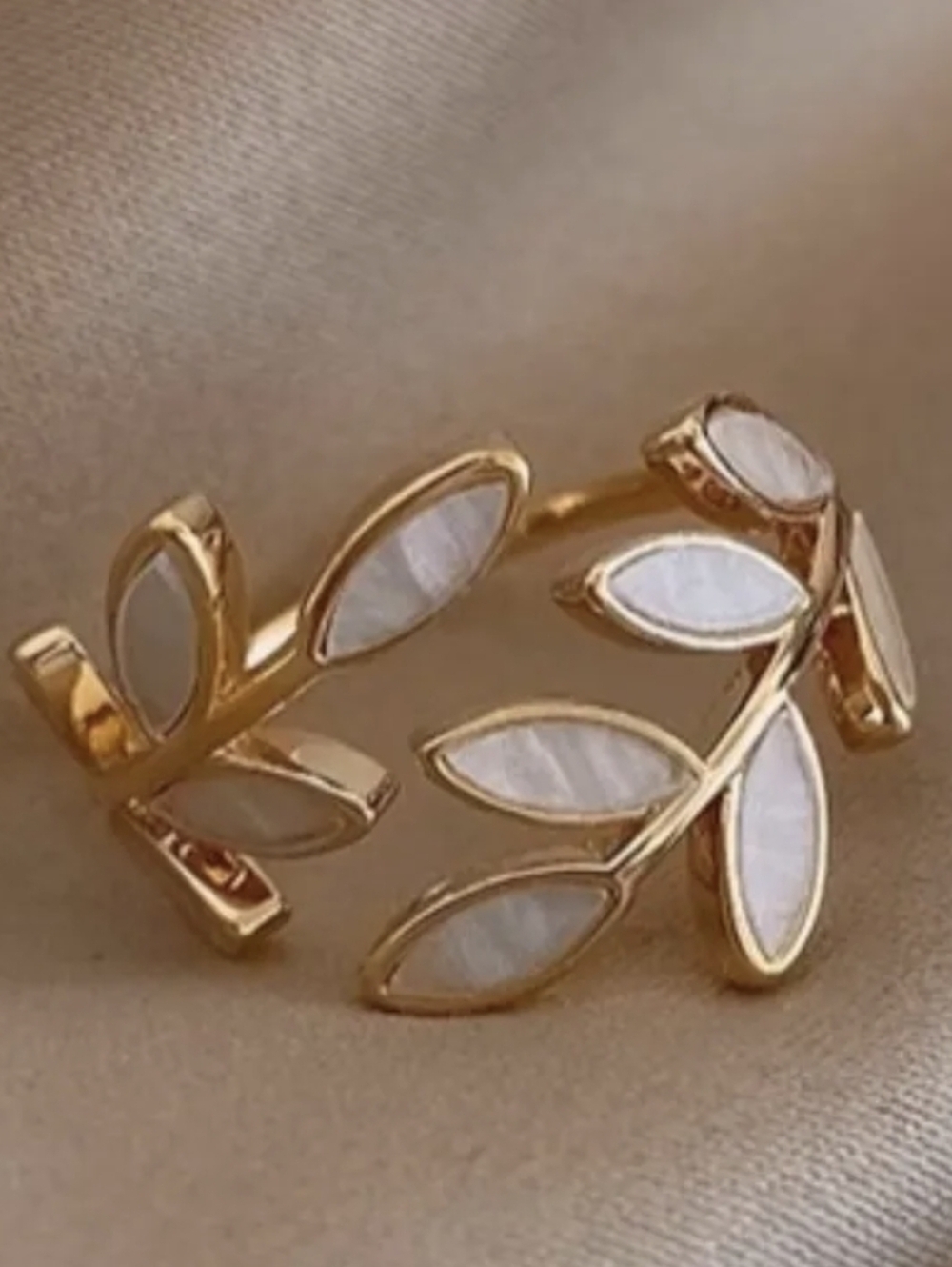 Gold Leaf Ring with White Marquise Inlays - Women Jewelry